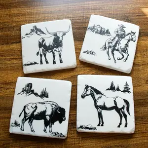 Western Coasters 4pc Set with Cowboy Bull Horse and Buffalo Designs on White Backgrounds