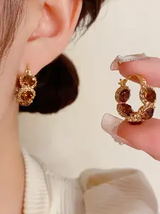 Hypoallergenic Gold Brown Gem Hoop Earrings - Elegant Fashion Jewelry for Women's Daily Wear, Party & Special Occasions