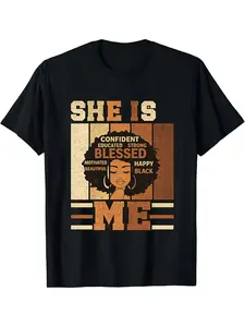 She Is Me Black Woman Empowerment Graphic Tee Retro Street Style Crew Neck T-Shirt For Men Casual Daily