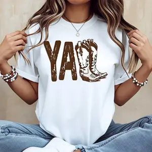 Yall Cowboy Boot Print T Shirt White Crewneck Casual Wear For Women Western Style Outfit Country Music Festival Party Clothes Cotton Menswear Top Graphic Tee Womenswear Streetwear Tshirt