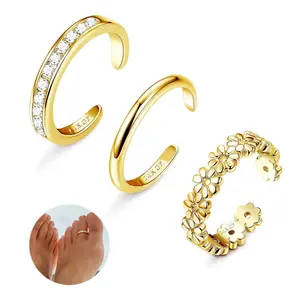 Loyallook 3Pcs Gold Filled Toe Rings for Women Adjustable Flower CZ Dainty Summer Beach Foot Jewelry Open Toe