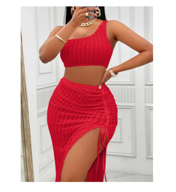 Sleeveless Two Piece Sets Womens Outifits Solid Sloping Neck Short Top High  Slit Long Skirt Sets Elegant Sexy Club Summer Set - TikTok Shop