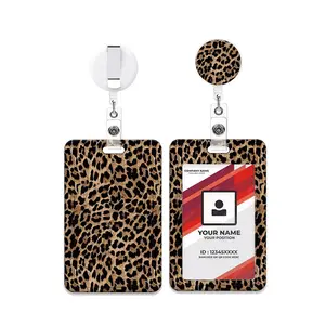 Leopard Print Badge Holder Set, Vertical ID Card Protector, Work Name Tag with Stand, Office Gift for Women Doctors Nurses Teachers, Retractable Badge Holder