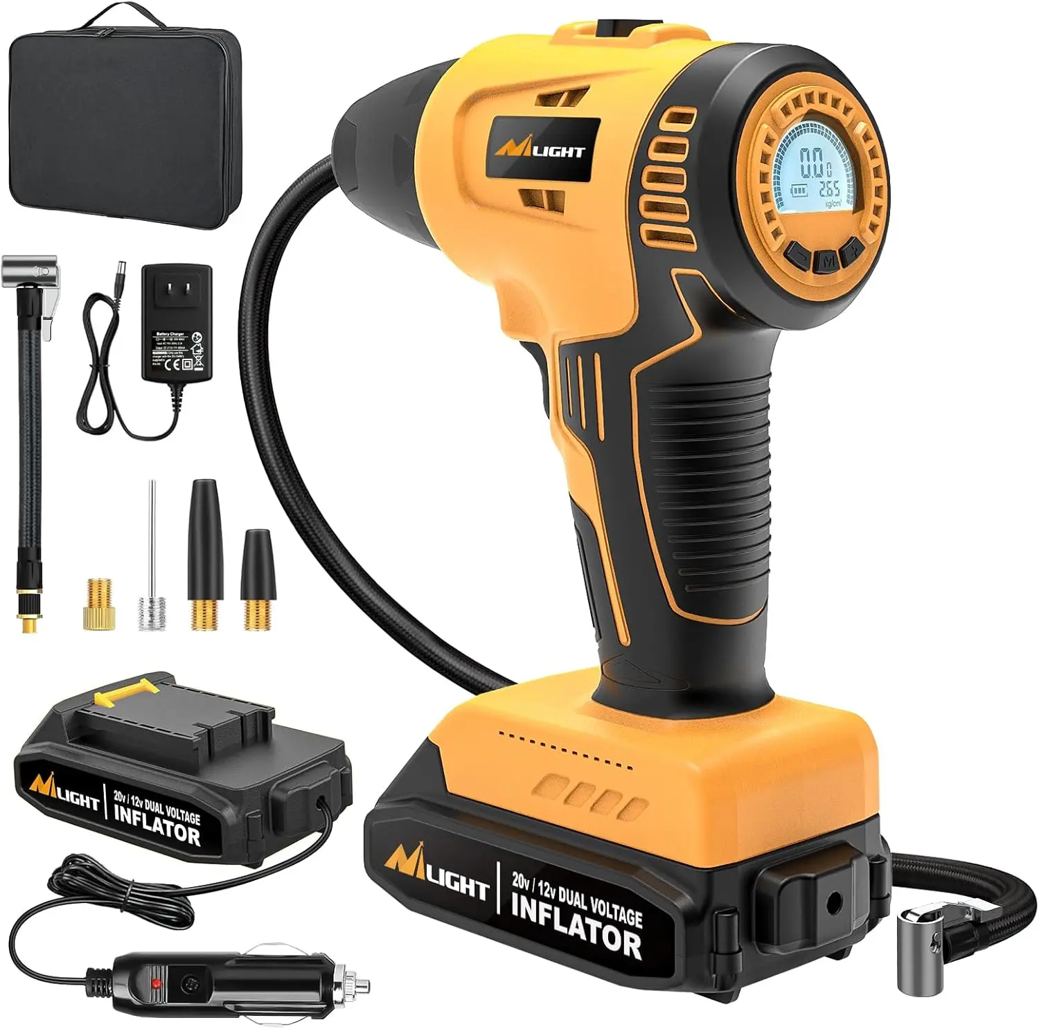 Nilight Cordless Tire Inflator Air Compressor - 20V Rechargeable Dual Power Supply with 12V Adapter, 150PSI Handheld Pump with Digital Pressure Gauge, Batteries, 3 Mins Inflate Tires, 3 Nozzles, Pressure Control for Cars, Motorcycles