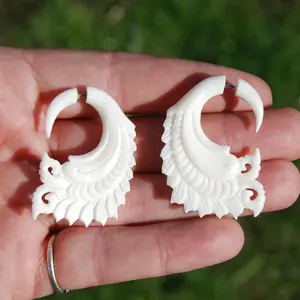 Boho Earrings Feather Wing Spiral Hand Carved Faux Gauge