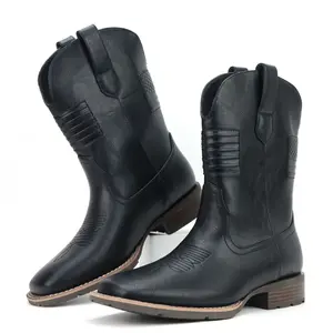 Men's mid-calf western cowboy boots with traditional stitching details, square toe and stacked block heel, vintage-inspired casual and rodeo-ready footwear