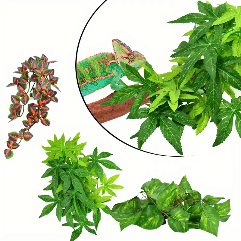 3PCS Artificial Reptile Plants with Realistic Green Leaves - Terrarium Habitat Decorations with Suction Cups for Gecko,Lizard,Snake, Hermit Crab, Frog, Gecko Tanks - Low-Maintenance Reptile Decor, Pet Hideout