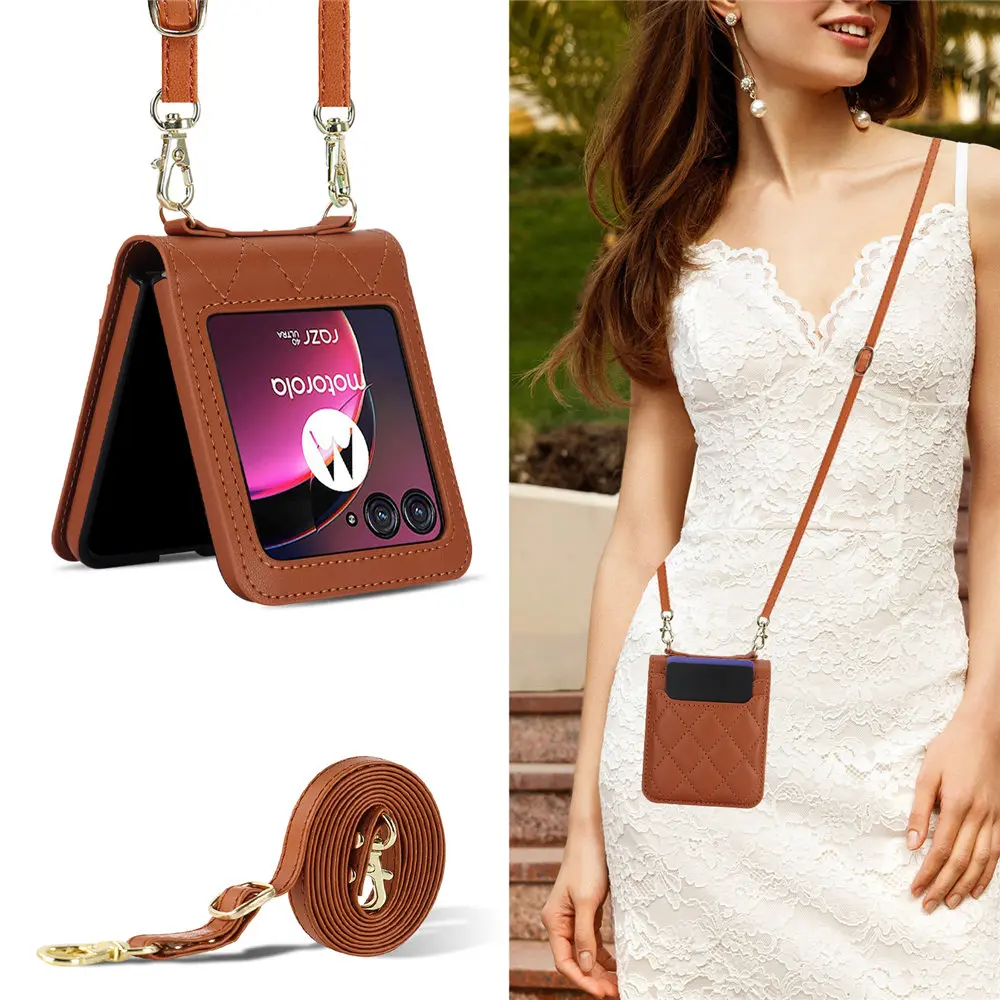 Fashion MOTO Razr 40 Crossbody Cards Slot Leather Case For Motorola MOTO Razr 40Ultra Long Lanyard Strap Bracelet Cover