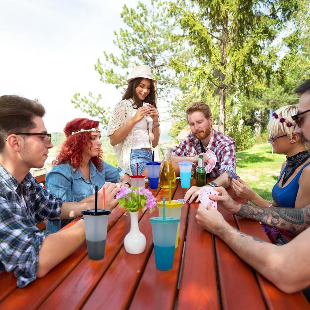 Color Changing Cups 10Pcs 24oz Plastic Tumblers With Lids and Straws for Iced Coffee Smoothie - Reusable Leak Proof Party Cups for