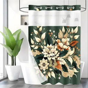 LVRLVR 1pc Retro Floral Shower Curtain with Sheer Top Window, Detachable Liner & No Hook C-Ring, 70.8" x 74"