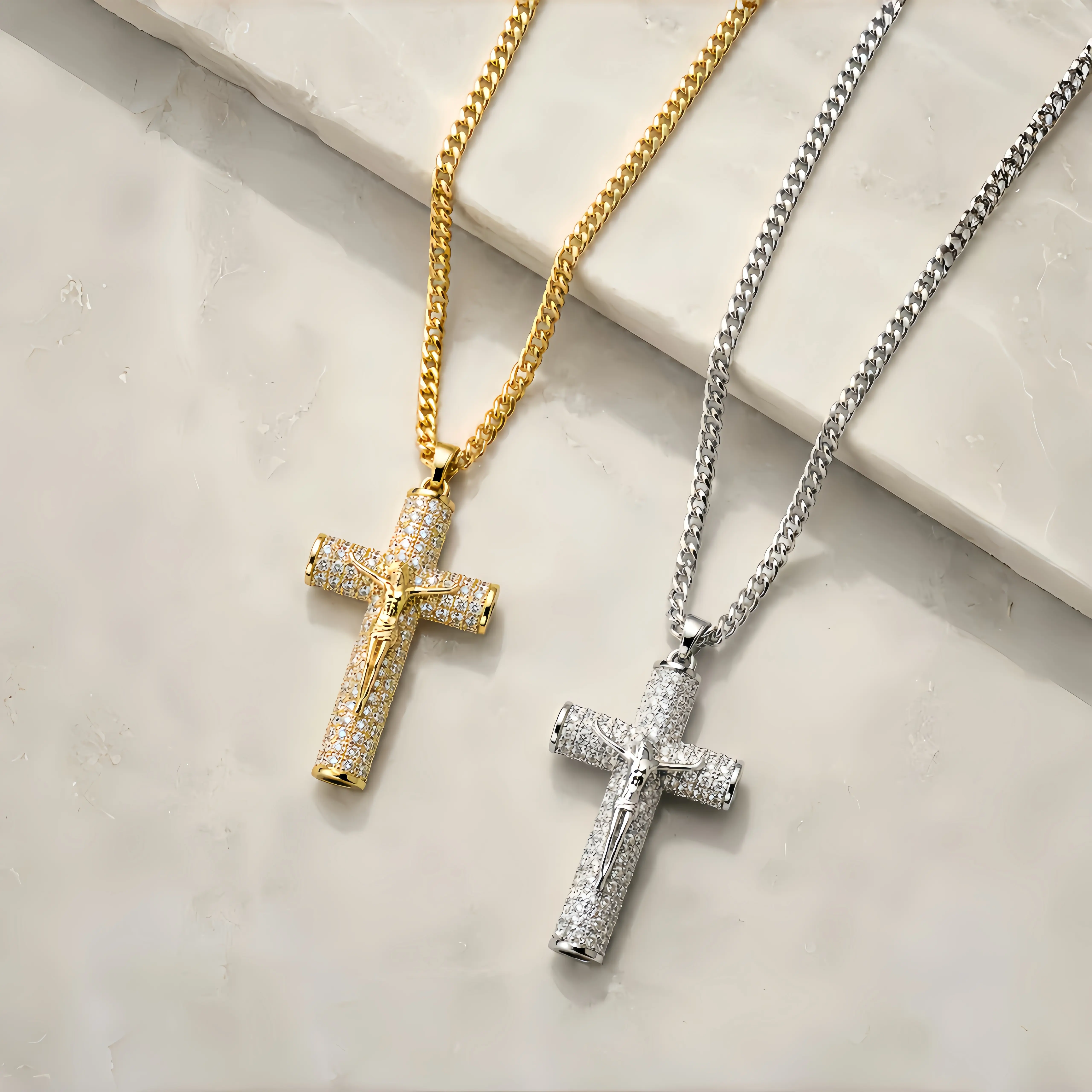 Holylegend 14k Real Gold-Plated Cross Cuban Figaro Necklace,Gold-Plated Cuban , Figaro, Miami Cross with Jesus Christ Crucifix,24 inches Long and 6mm Wide,Handcrafted Polishing and Multiple Electroplating Daily Wear Necklace,Father's Day Gift