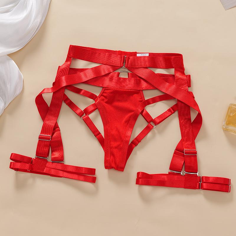 Women's Red & Black Satin Lingerie Set , Chain Detail Harness Bustier with Crisscross Garter Straps, Sexy 2 Piece Lingerie for Valentine's Day/Anniversary/Honeymoon, Hot Selling Lingerie for Women, Sneaky Lingerie for Bedroom plus Pu Leather Strappy Belt