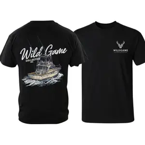 Wildgame Collective Fishing Graphic T-Shirt – Logo Front and Boat on Waves Back Print, Outdoor Rustic Lifestyle Apparel for Anglers and Wildlife Enthusiasts