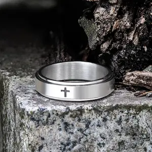 GTHIC Simple Cross Stainless Steel Spinner Ring for Men Women Size 5-12
