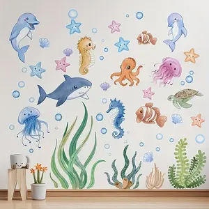 Creative Shark Whale Seaweed Wall Stickers, Self-Adhesive Waterproof Removable PVC Bathroom Home Decor, Set of 2, Wall Art Stickers