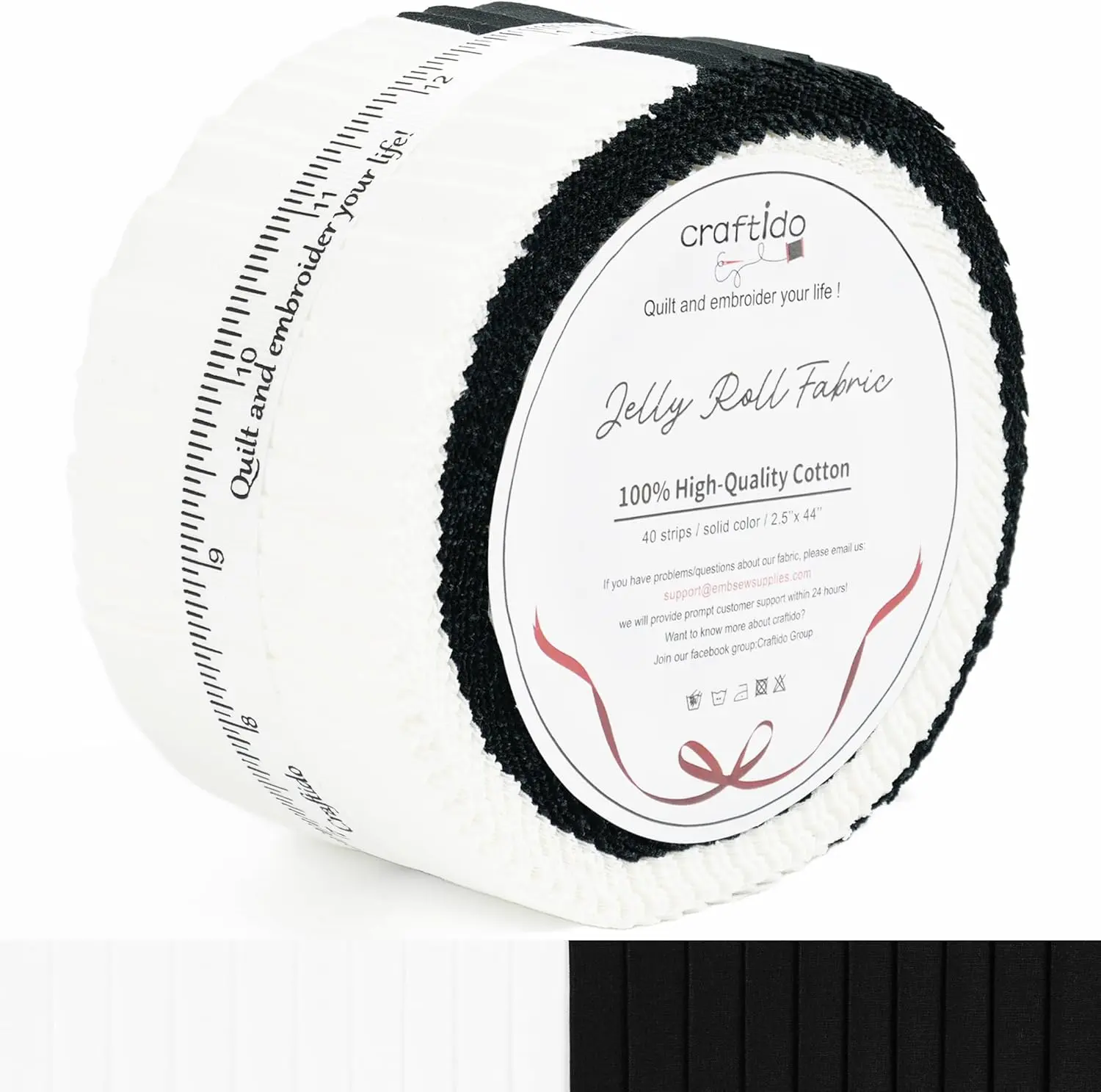 Craftido Mercerized Cotton Jelly Roll Fabric - 40 Precut 2.5"x44" Strips (20 White, 20 Black), Breathable, Soft, Silky Luster, Durable for Quilting, Home Decoration, Toys, Bags, Colorful Panel Fabric