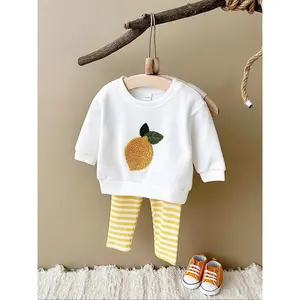 Two-Piece Fresh Cute Lemon Patch Round Neck Sweatshirt + Bright Soft Comfortable Long Pants Baby Toddler Spring Autumn Baby Outfit Set