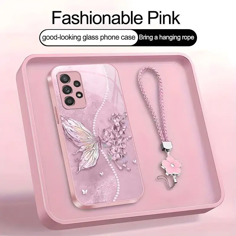 Suitable for [Galaxy A52 5g] high-end phone case，a beautiful four-leaf clover lanyard is included,exquisite and dreamy butterfly pattern,a variety of colors are available for you to choose from YM99