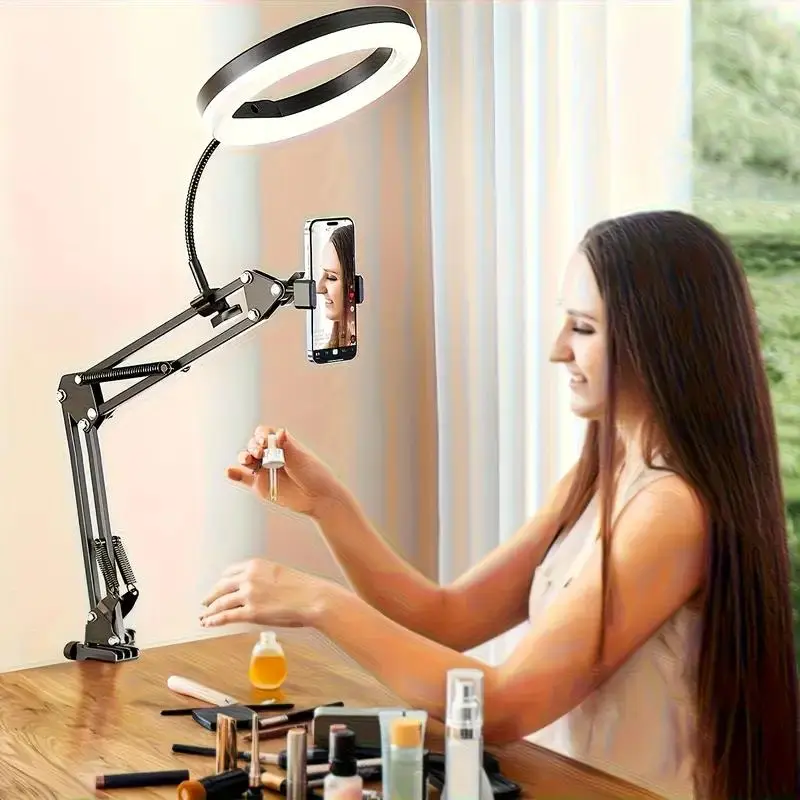 Upgraded Hanging Phone Camera Stand with Ring Light with Phone Holder and Microphone, Flexible Desktop Mount Selfie Stand for Cooking Photography Makeup Live Streaming and Zoom Meetings Camera Accessories