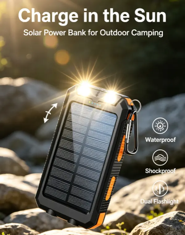 10000mAh Emergency Solar Battery Power Bank, Waterproof Portable Charger with LED Flashlight, Shockproof Outdoor Backup for Phones, Camping, Blackout (Home Supplies, Party Gifts)