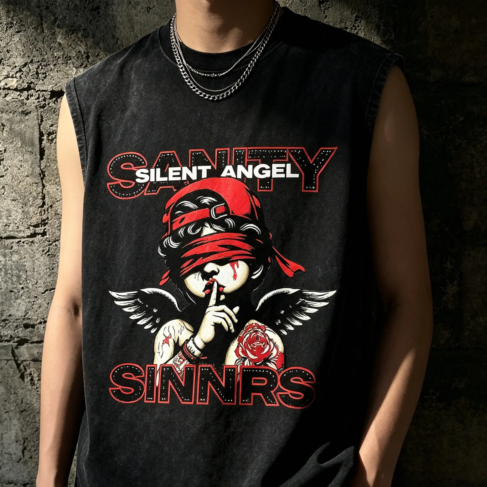 Men's Casual Sleeveless Vest Tank Shirt, Angel with Rose Tattoo Graphic Print, Comfortable Fabric, Streetwear, Ideal for Livehouse Party
