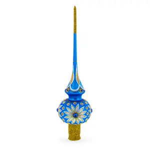 White Daisies on Blue Mouth Blown Glass Christmas Tree Topper 11 Inches