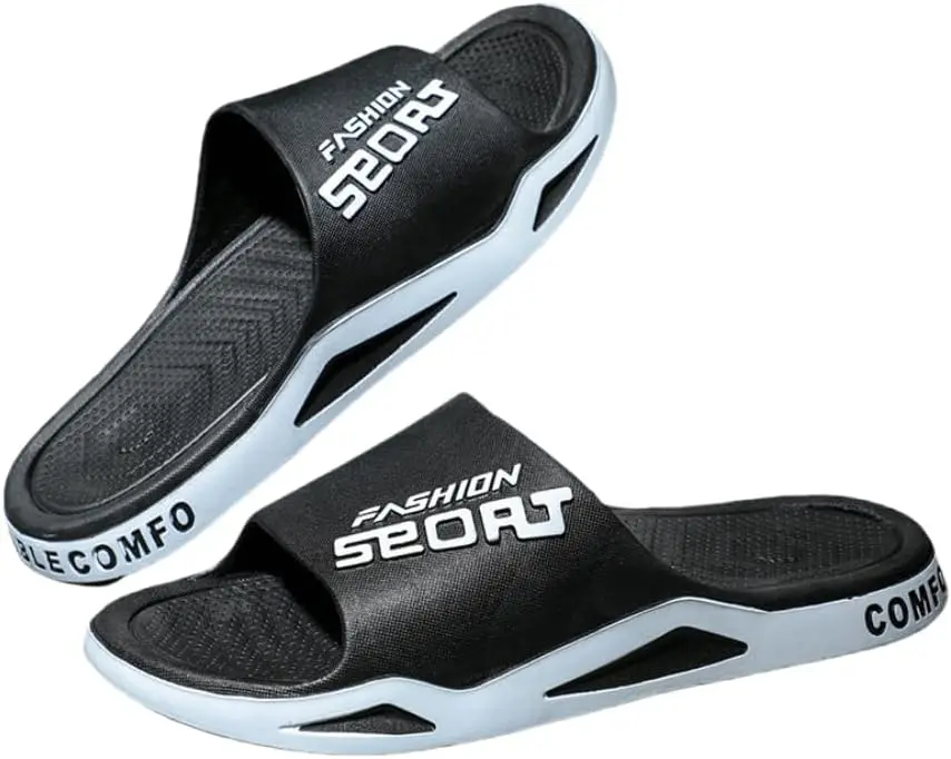 Men's Ultra Soft Slides - Non-Slip Indoor/Outdoor Slippers with Arch Support, Lightweight Open-Toe House Shoes for Beach, Shower & Casual Wear Footwear Boy Flipflop Black