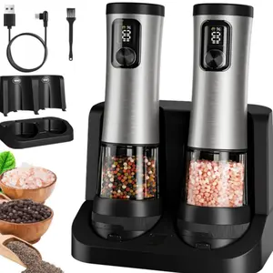 Electric Salt & Pepper Grinder Set, 2-Speed Settings, Stainless Steel Rechargeable Automatic Mill, USB Charging Base, 100ML Capacity, LED Light
