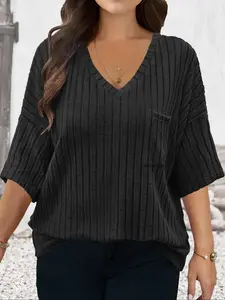 【Plus Size】 Solid V Neck Tee, Casual Style Tee, Casual Half Sleeve T-shirt for Daily Wear, Women Plus Clothing for All Seasons, Tops
