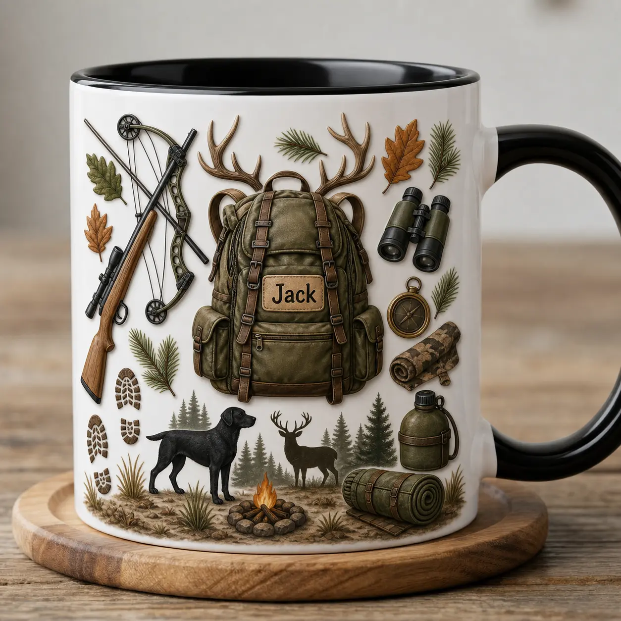 Personalized Hunting Mug 2D Printed 3D Effect, Custom Name Ceramic Coffee Cup with Backpack Rifle Bow Deer Design, Gift for Hunter Men