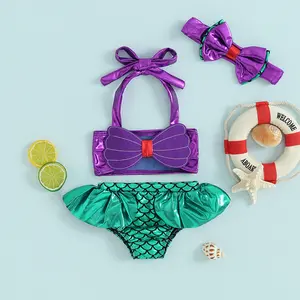 3Pcs Girls Mermaid Bikini Set Lace Up 3D Swimsuits Fish Scales Triangle Briefs Bowknot Elastic Headband Summer Beachwear Suit