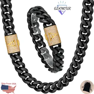 14mm Black Miami Cuban Link Chain Initial Letter A-Z Stainless Steel Necklace Hip Hop Jewelry For Men Women Father Day Birthday Gift