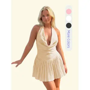 Women Summer Dress For Vacation Solid Color Tie-up Halter Neck Cowl Neck Sleeveless Casual Pleated Audrey Dress