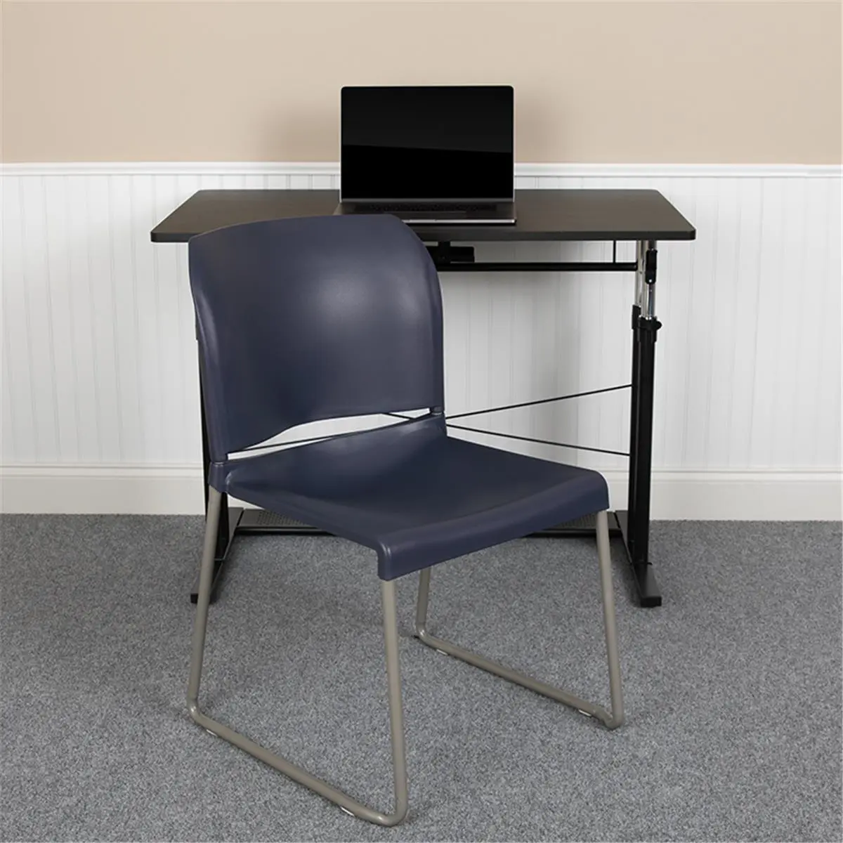 Flash Furniture Hercules Series Full Back Contoured Stack Dining/Auditorium Chair, 23.5 in. Width, 32 in. Depth, 880 lbs Capacity, Powder Coated Sled Base, Contemporary Navy & Gray (Model RUT-238A-NY-GG)