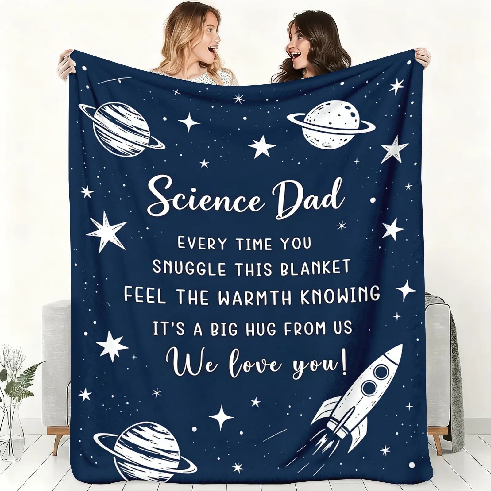 1 Piece Flannel Throw Blanket Gift for Science Dad, Hand-Drawn Space Planet Pattern Soft Warm Cozy Blanket, Sentimental Father's Day Birthday Gift from Daughter Son, Big Hug from Us Blanket, Suitable for Sofa Bed Office Nap holiday decor