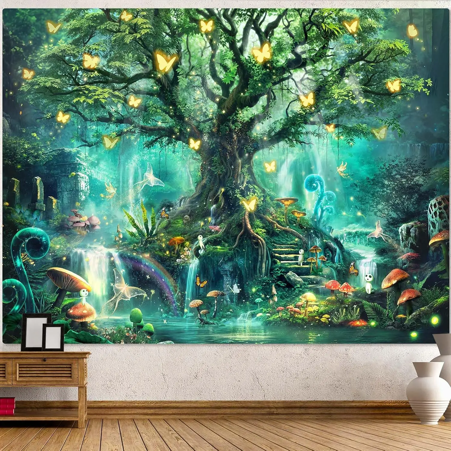Fantasy Forest Tapestry Green Fairy Magical Tree of Life Tapestries for Bedroom Aesthetic Nature Plant Tapastrys Wall Hanging Mushroom Butterfly Elves Wall Tapestry for Living Room Dorm (48 x 36) living room bedroom decoration Water Blue Home Textile