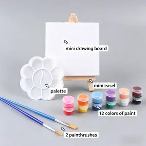 Art Canvas Board Set, 17 Pieces, Drawing Supplies Kit, Includes Blank Canvas, Easel, 2 Brushes, Palette, 12 Acrylic Paints, Mini Art Kit for Adult Parties