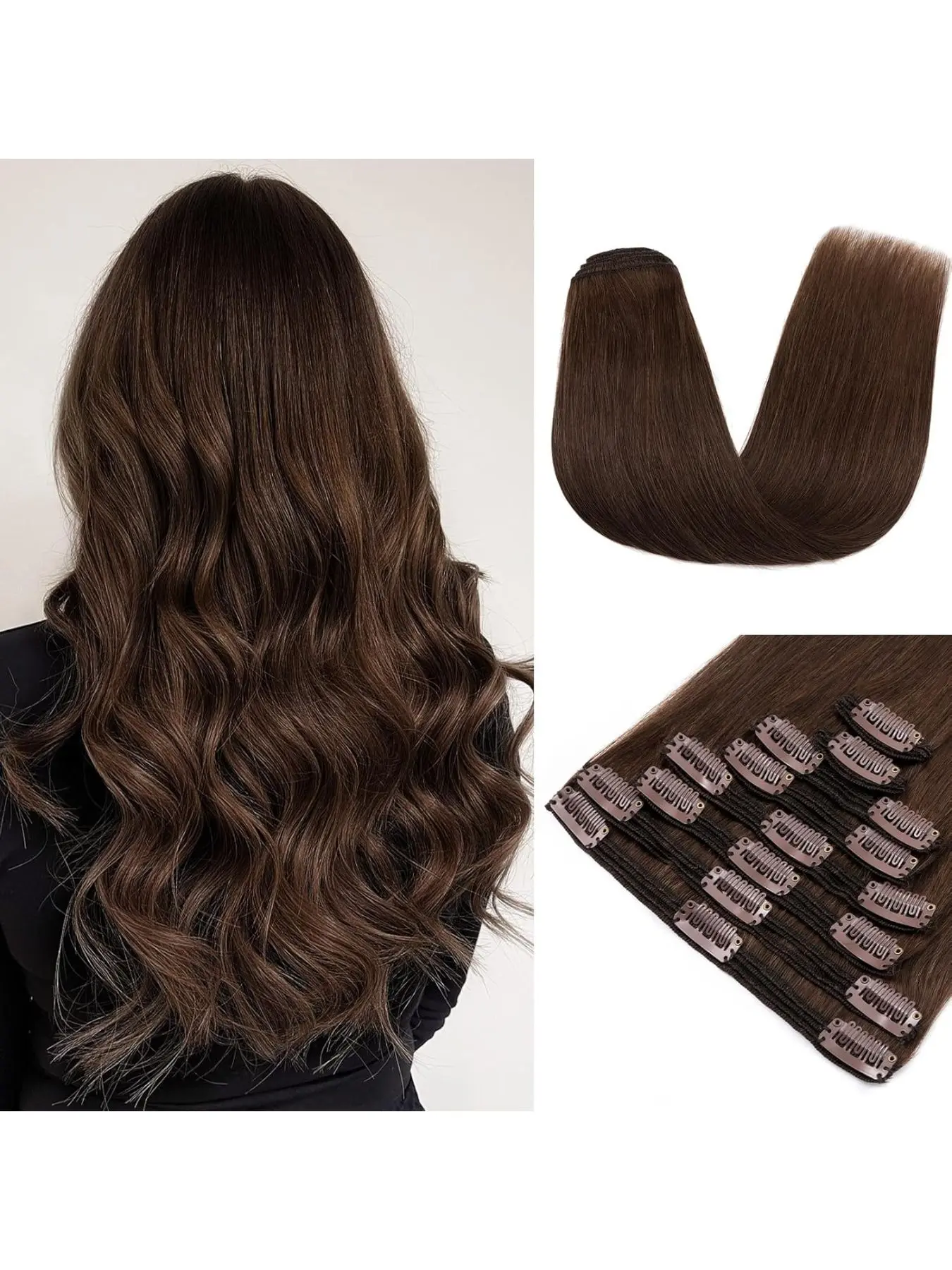 Clip in Hair Extensions Real Human Hair 8 pcs Chocolate Brown #4 Soft Remy Human Hair Clip in Extensions Straight for Women Suitable for all Hair Types Natural Looking Hair Glueless Clip in Natural Straight Hairpiece Realistic Hairpieces