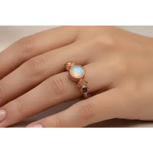 S925 Rose Gold Eclipse Ring Black CZ Moon Size 9 - Black CZ Moon And Moonstone Sun Eclipse Ring