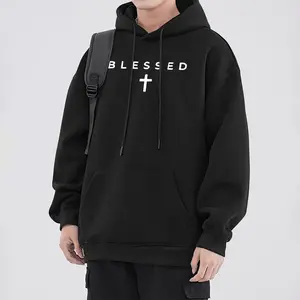 Men's 'Blessed' Christian Cross Graphic Hoodie - Faith-Inspired Sweatshirt for Believers Soft Minimalist Pullover with Kangaroo Pocket