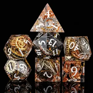 Steampunk Gear Resin Dice Set, Polyhedral RPG Dice with Embedded Clockwork Gears, Glitter Sharp Edge Dice for DND Tabletop Games