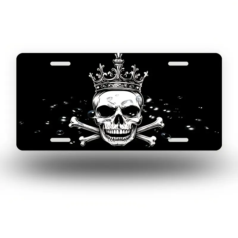 Crowned Skull and Crossbones Front License Plate - Aluminum Novelty Car Tag for Men, Women, Boys & Girls, 6x12 Inch, Black with White Design, Novelty License Plate| Polished Finish| Durable Aluminum Alloy