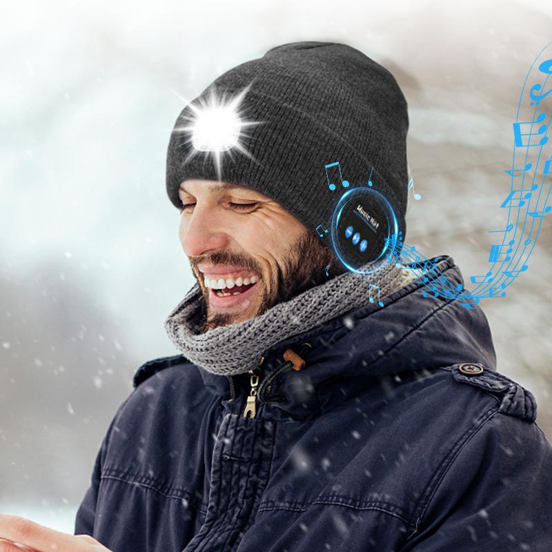 Bluetooth Beanie with Light, Unisex USB Rechargeable 4 LED Fashlight Hat with Cordless Headphones, Unique Christmas Birthday Gifts for Men Husband Teen warm beany Knit Balaclava Outdoor Activities skull cap cycling Spider Web sport lightweight sweat