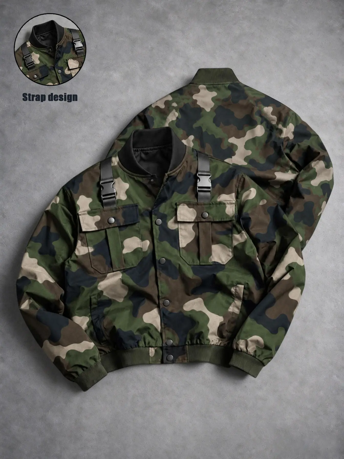 Men's Camouflage Bomber Jacket, Shoulder Strap Design Tactical Streetwear Coat, Windproof Casual Outerwear with Functional Utility Chest Pockets, Vintage Military Style Jacket for Hiking Work Daily Hip Hop Outdoor Fashion Wear