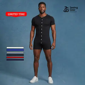 Mens Short Sleeve Onesie Henley Jumpsuit Pajamas Stretchy Cotton Sleepwear Lounge Button Closure Tagless Label Super Comfortable Homewear - Fabric