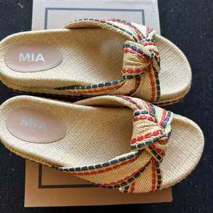 MIA Every Step Counts Summer Women's Sandal Tan with Navy and Red Accents Fashionable Woven Design Comfortable Shoes