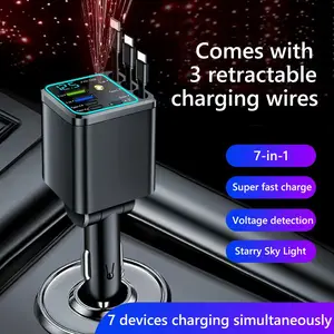 7 Charging Ports Retractable USB C Car Charger, Type C 3 Retractable Cable, Power Adapter Car Charger With Starlight For IOS Android Phones, Fast Car Charger USB C