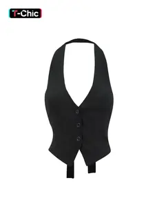 Women's Solid Ribbed Vest Blazer, Casual Sleeveless V Neck Waistcoat for Summer, Ladies Clothes for Daily Wear, Tops
