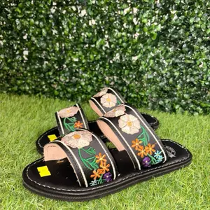 Women's Leather Sandals with Floral Embroidery Comfortable Sole for Summer Style
