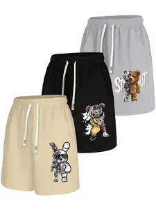 Men's 3-Piece Set Rabbit Bear Print Drawstring Waist Fitted Fashion Shorts, Summer Casual Sweatshirt Fabric Shorts, Outdoor Gym Shorts 3-Pack